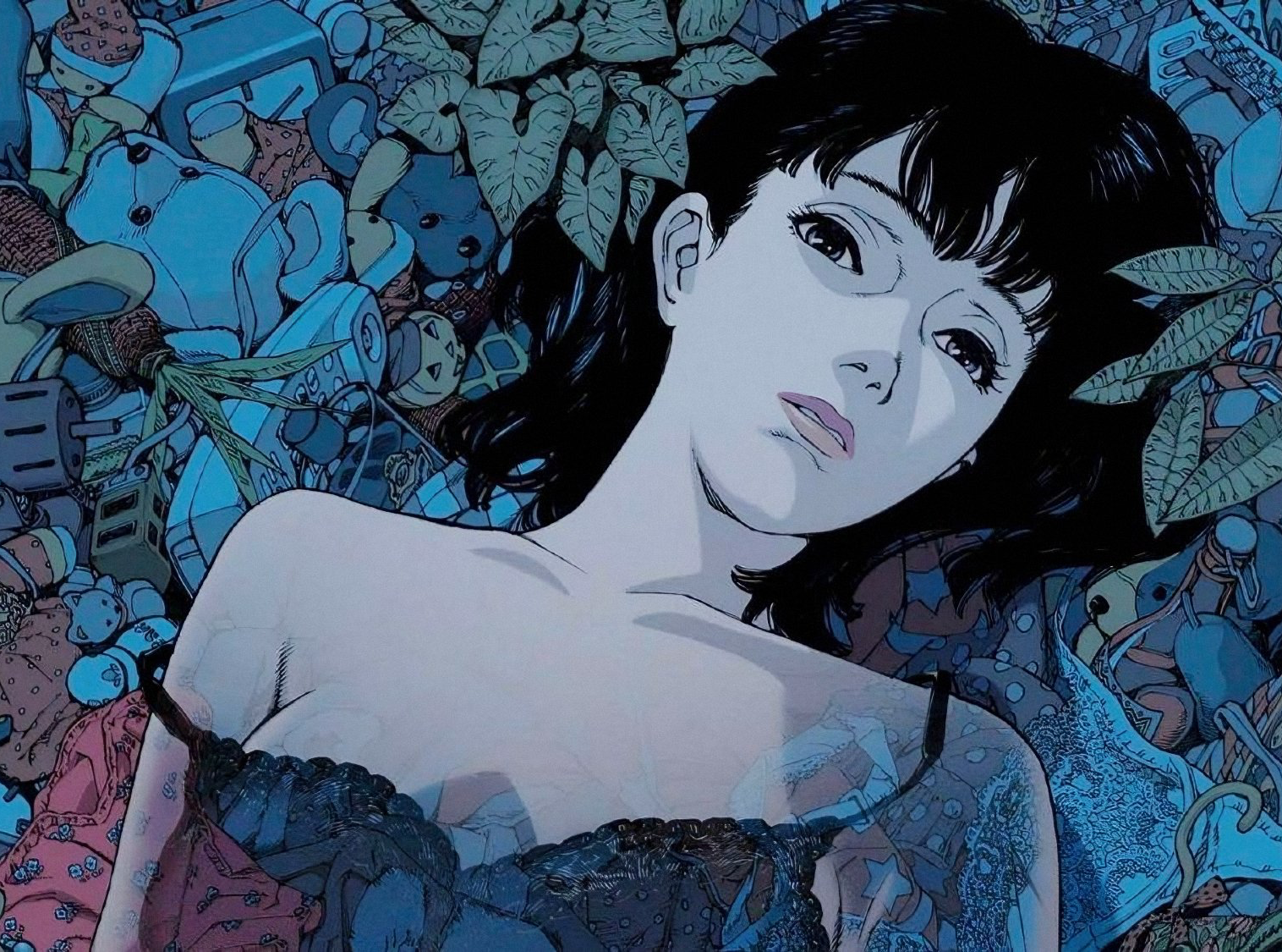 Mima from Perfect Blue laying down surrounded by objects