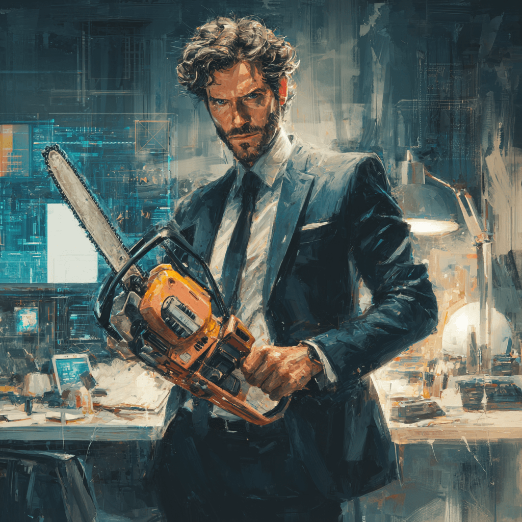 an evil tech mogul holding a chainsaw
