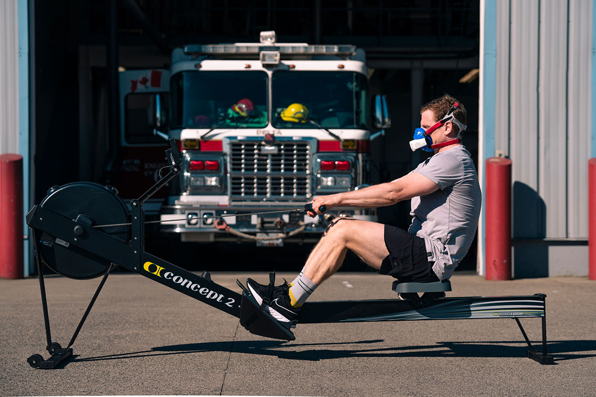 Male doing a VO2 max test on a rowing machine