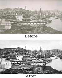Old faded restoration photograph of a ship in a shipyard, a before and after comparison