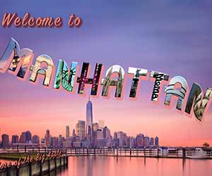Big letter postcard saying Welcome to Manhattan, the core of the Big Apple
