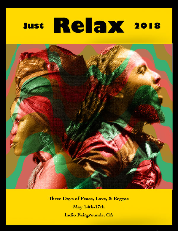 reggae concert poster for just relax featuring a male and female artist with a rhythmic color overlay.