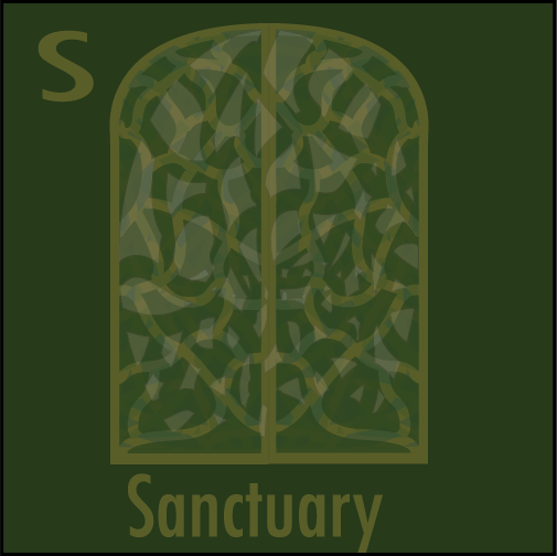 a door that is covered in vines with all the elements of the peice only using variations of green and shades of it in the top left of the art is the letter S and in the bottom left is the word sanctuary 