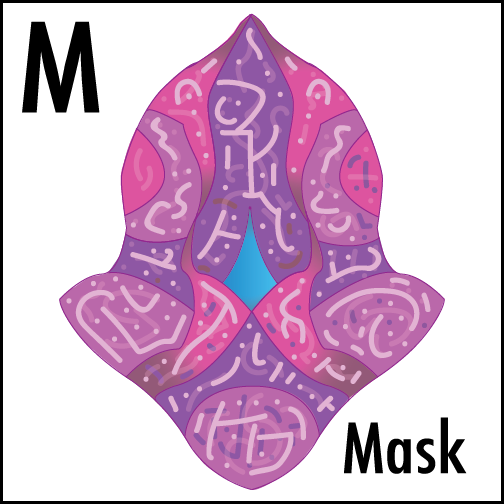 a strange alien mask that uses pink,purple and light blue in it with mixtures of the colors in places in the uper left is the letter M and in the bottom right is the word Mask