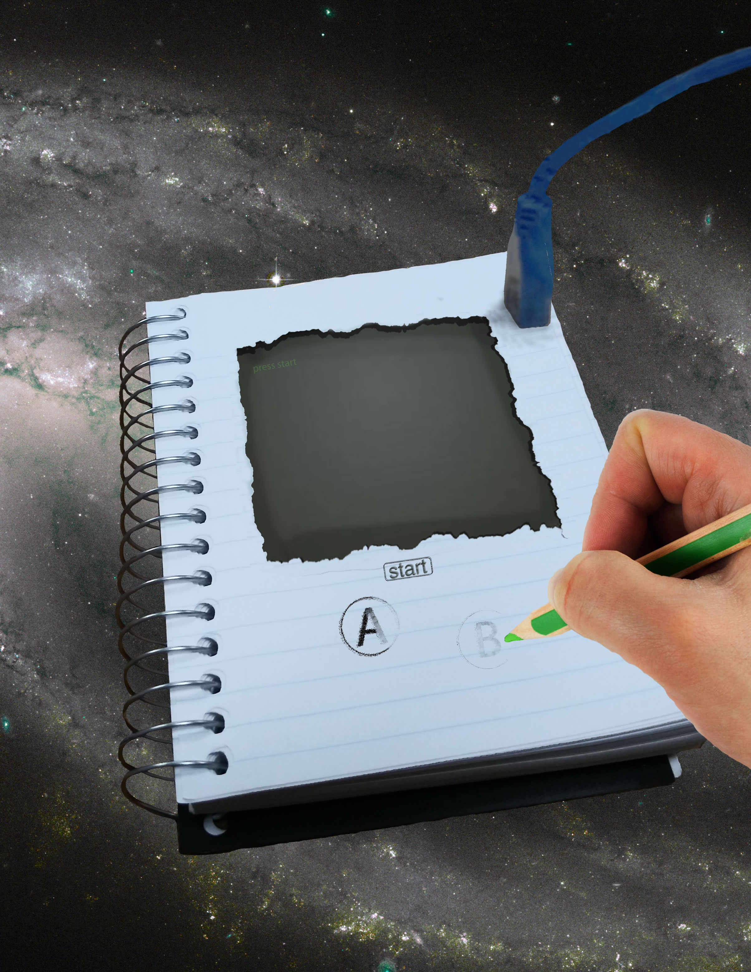 a picture of a notepad with a screen inside it with bottoms for it being drawn on by a colored pencil, a cord is coming out of the top of the notepad giving it power