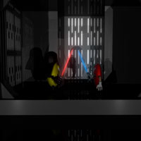 Yellow and Red m&m characters dueling with lightsabers