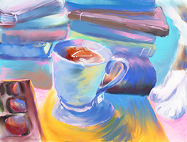 Painting of a tea cup surrounded by piles of books