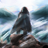 Painting of a man on a hill facing mountains.