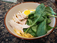 Ramen with chicken, spinach, and egg.