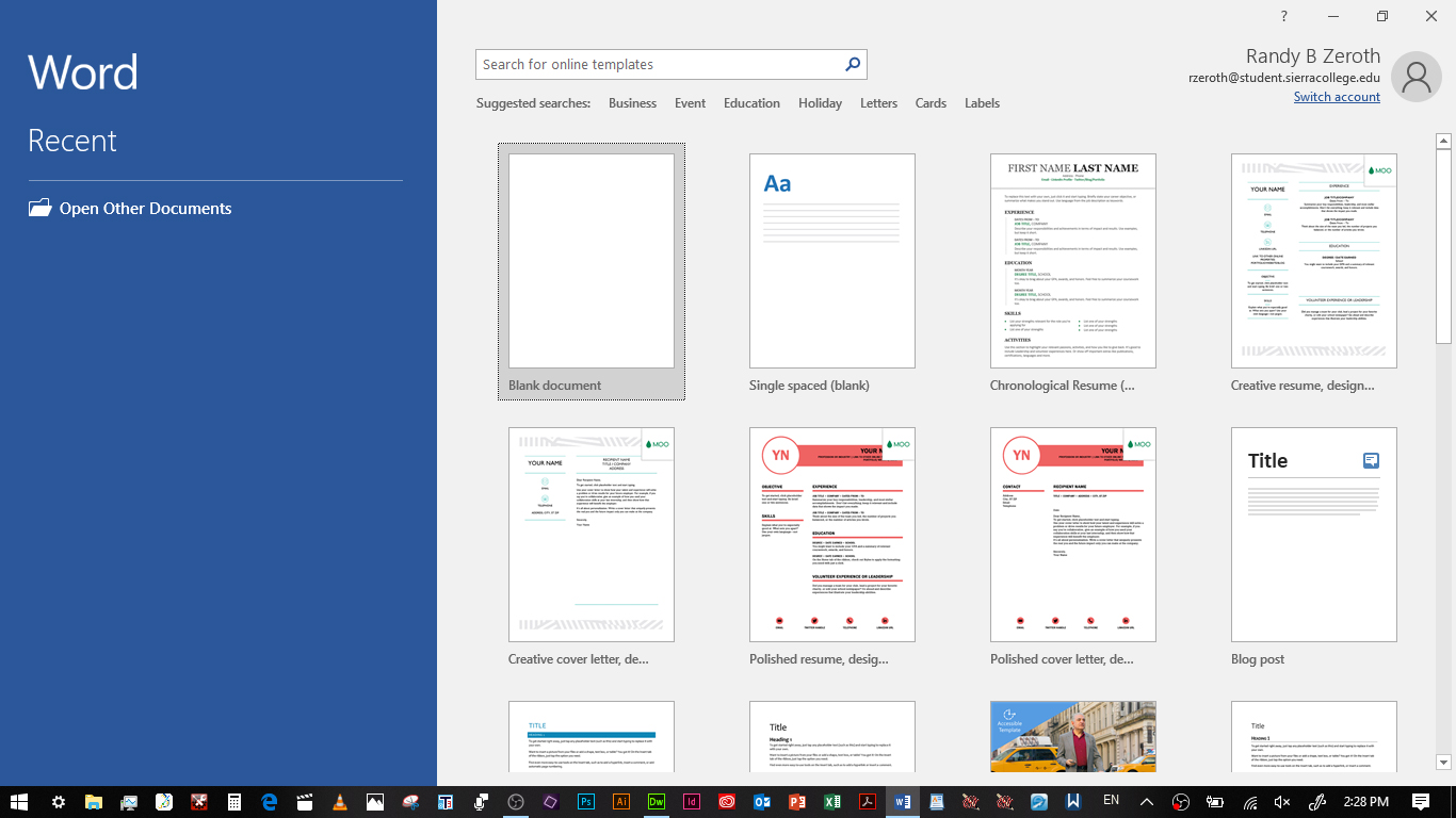 picture of the opening screen for Microsoft Office Word