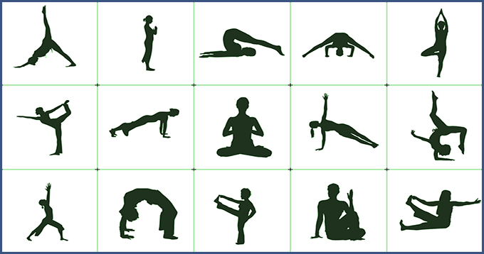 chart displaying 15 basic yoga poses.