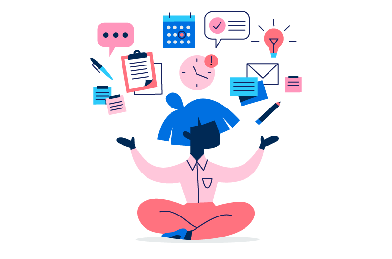sitting figure with work symbols above
